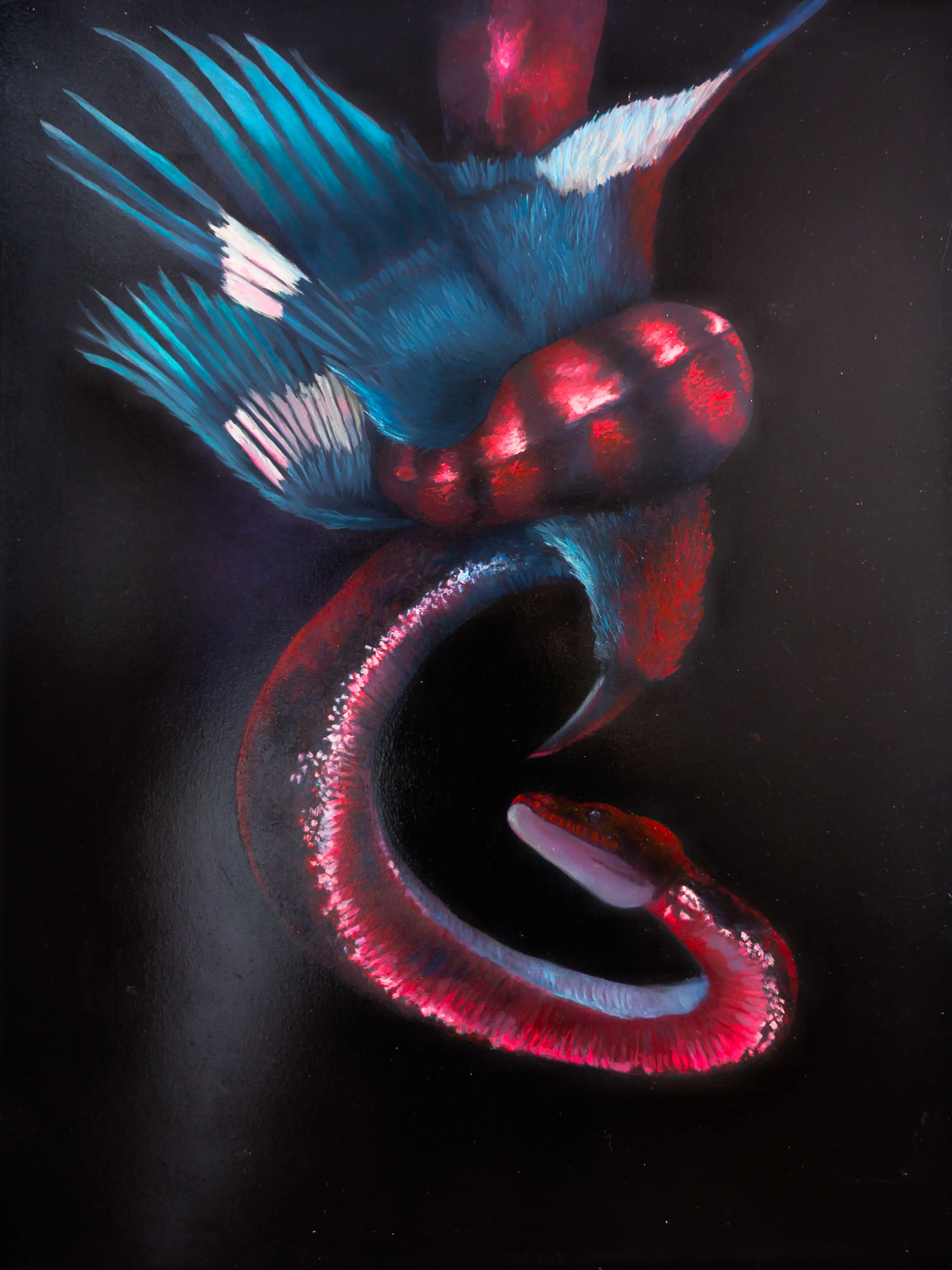 In Blue Silence, Crimson Bite, tension coils in colour—the moment suspended between poise and peril.